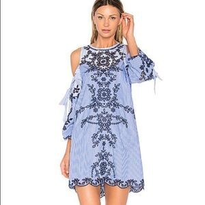 Parker Newton Blue White Stripe Scalloped Embroidered Eyelet Dress Size XS